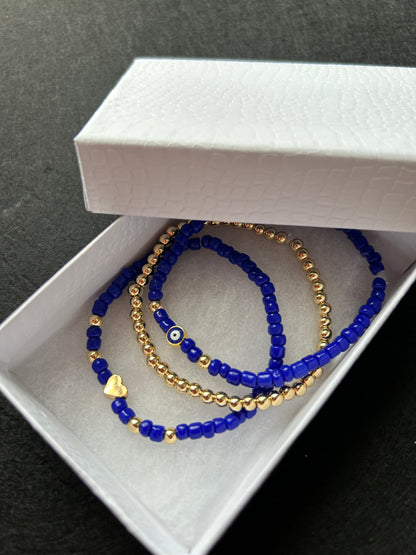 Evil eye 14K gold beaded bracelet set