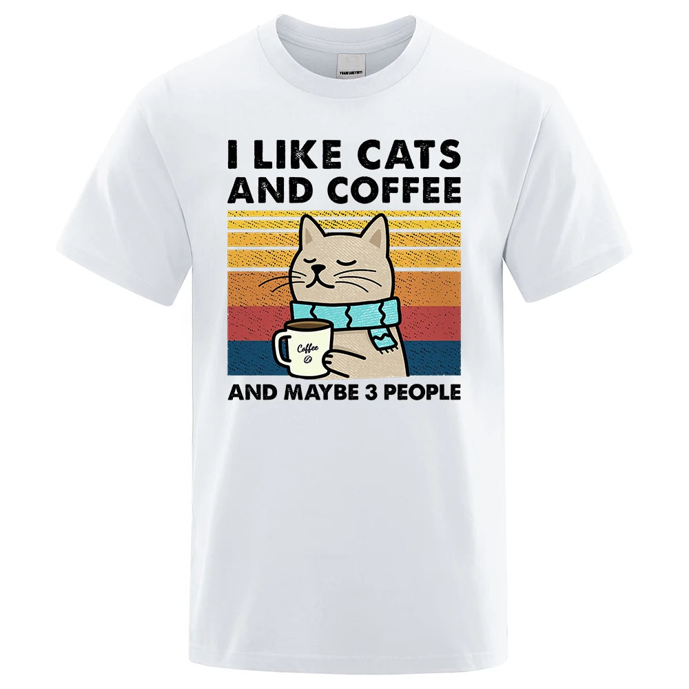 I Like Cats And Coffee Street Funny T-Shirt For Men Fashion Casual Loose Cotton Clothing Crewneck Breathable Tshirt Hip Hop Tees